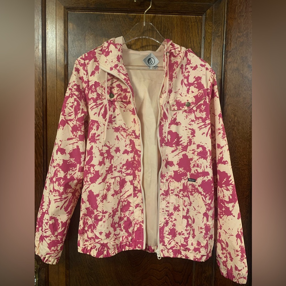 Volcom pink print zip up hooded jacket